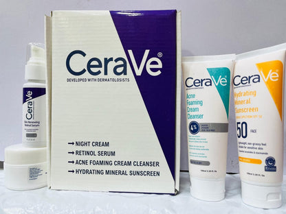 Cerave 4-in-1 Skincare Bundle: Night Cream, Sunblock, Cleanser & Serum For Radiant Skin